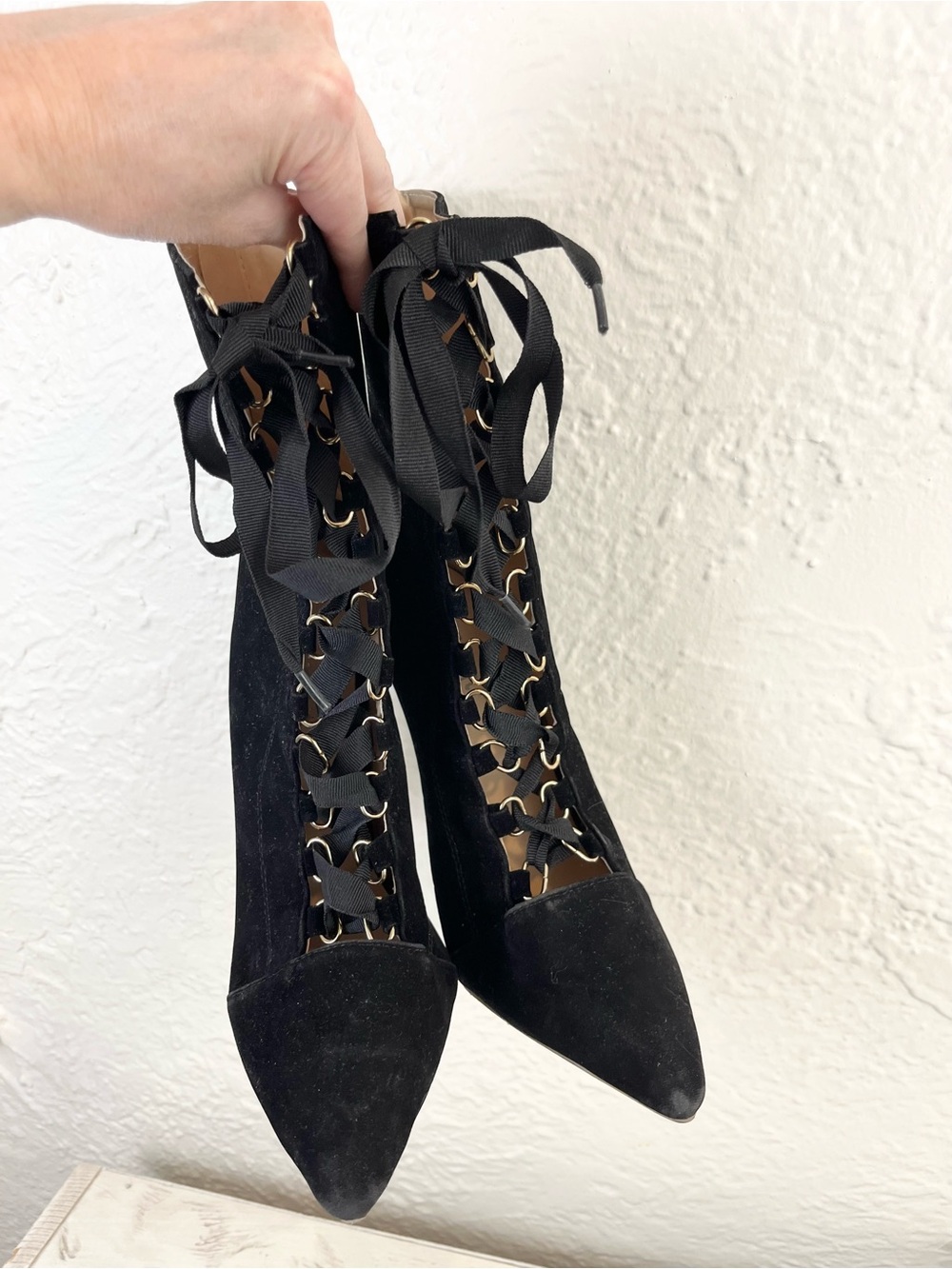 Black Velvet Faux Suede Lace Up Boots Witchy Gothic Heeled Victorian 40 9 - Picture 5 of 14